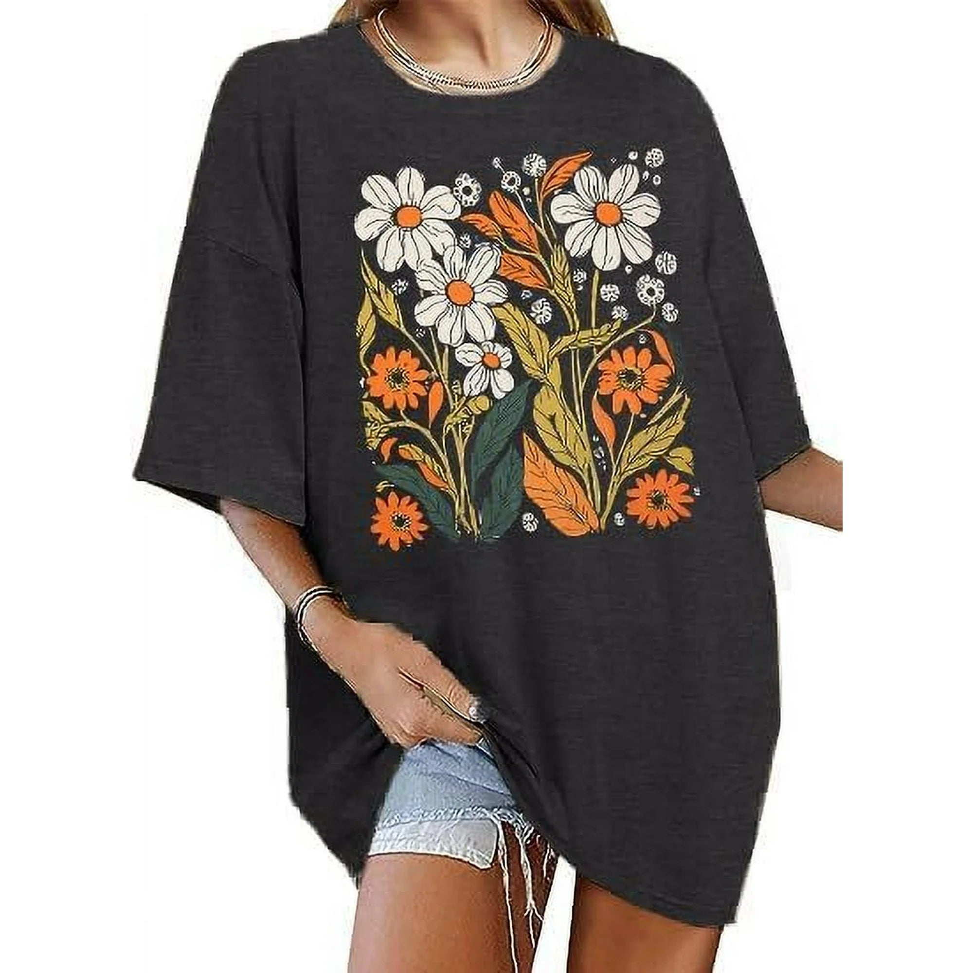 MOUSYA Womens Oversized Graphic Tshirt,Vintage Wildflower Shirt Boho Hiking T Shirt Nature Life Tee Summer Plant Tops