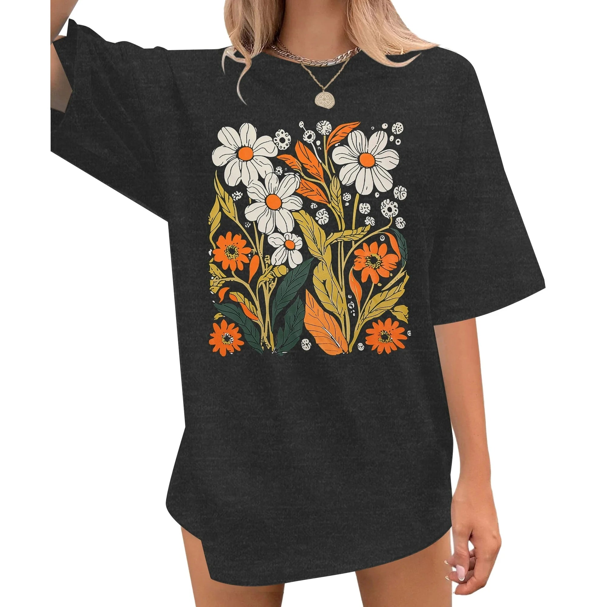 MOUSYA Womens Oversized Graphic Tshirt,Vintage Wildflower Shirt Boho Hiking T Shirt Nature Life Tee Summer Plant Tops